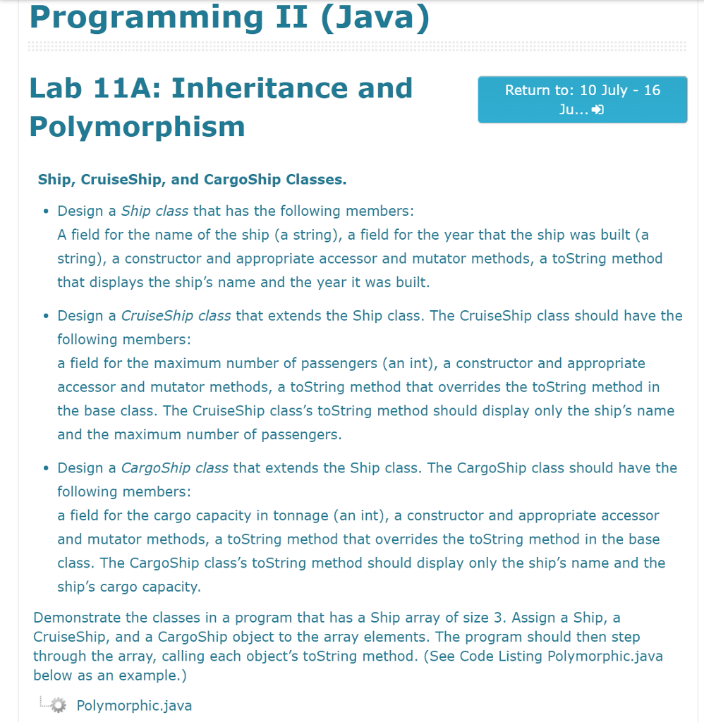 Programming II (Java) Lab 11A: Inheritance and Polymorphism Return to: 10