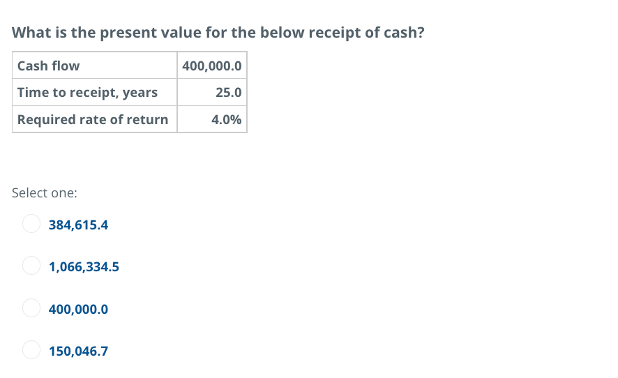 of the below cash flow. Investment amount today 765.0 Time to receipt,