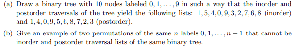  (a) Draw a binary tree with 10 nodes labeled 0,1,...,9 in