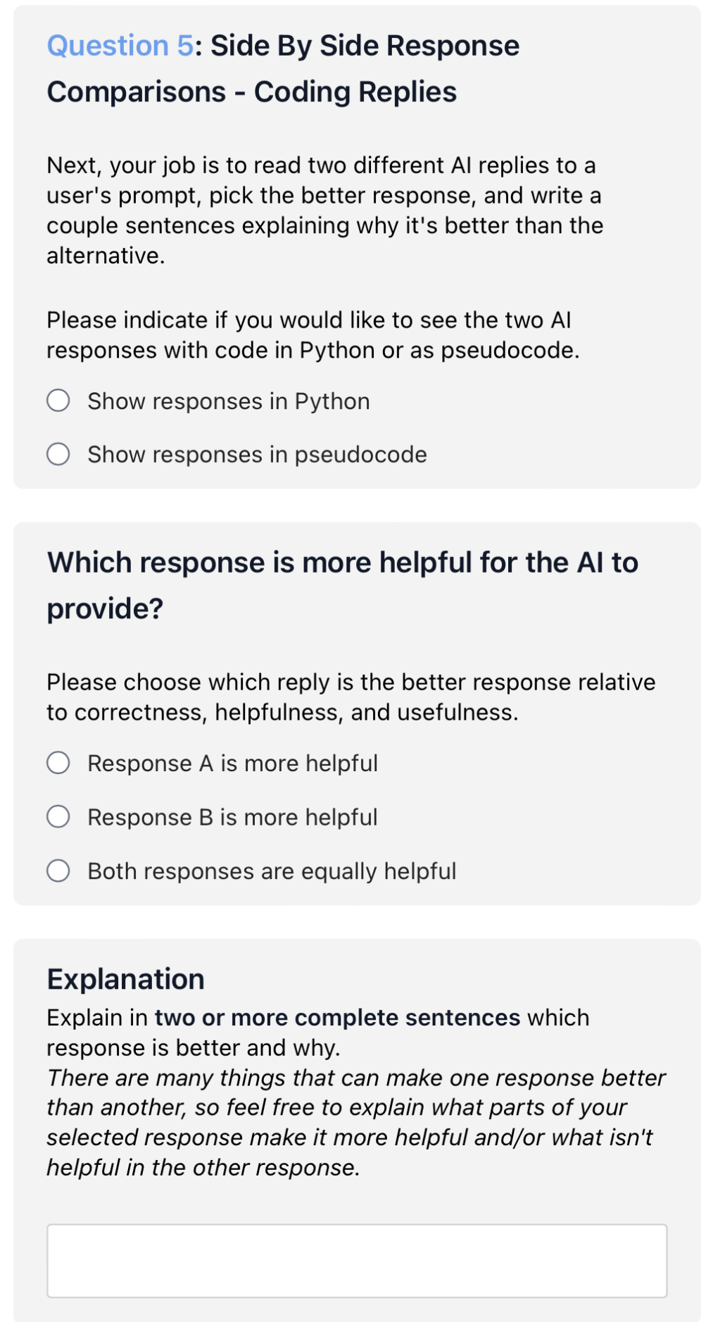  Question 5: Side By Side Response Comparisons - Coding Replies Next,