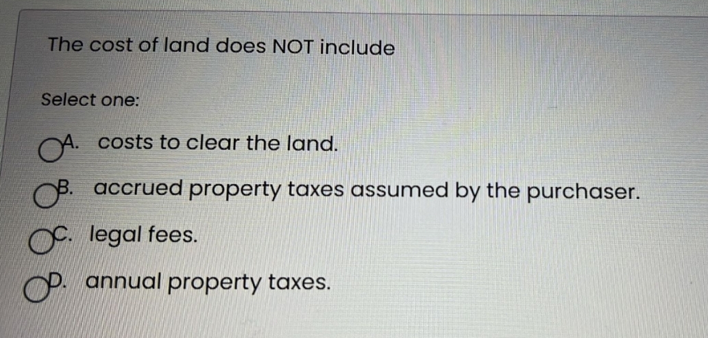  The cost of land does NOT include Select one: A. costs