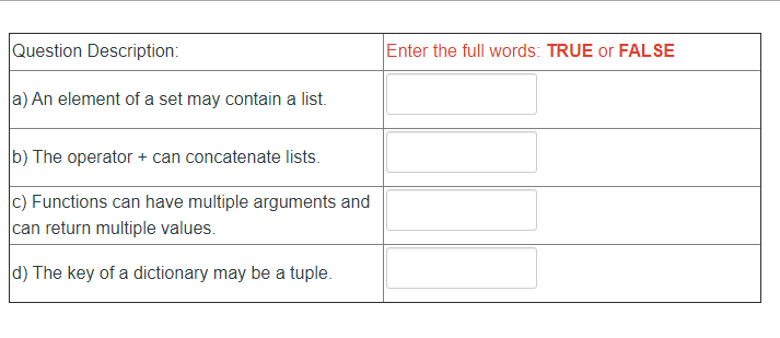 Question Description: Enter the full words: TRUE or FALSE a) An