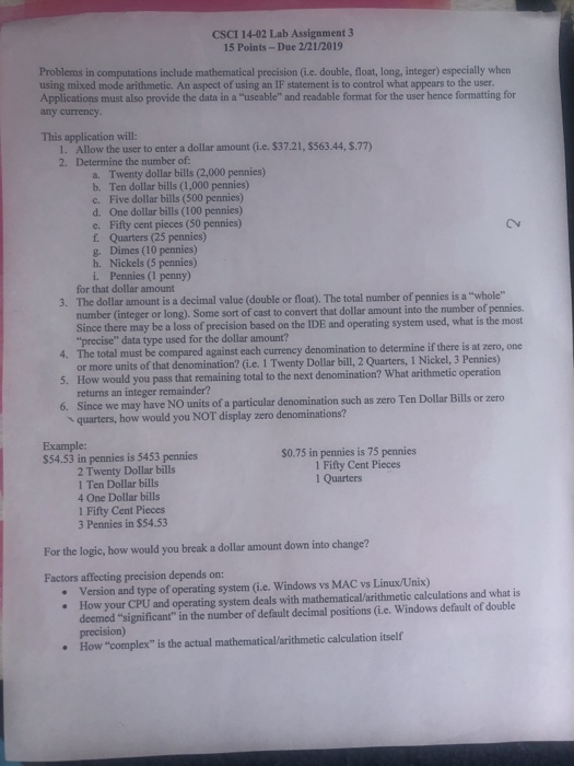  CSCI 14-02 Lab Assignment 3 15 Points-Due 2/21/2019 Problems in computations