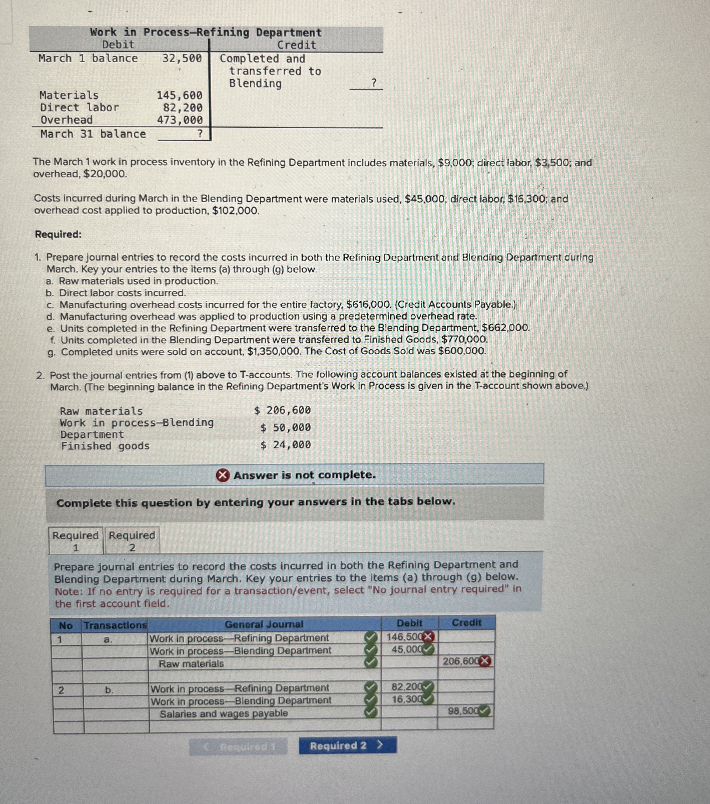  The March 1 work in process inventory in the Refining Department