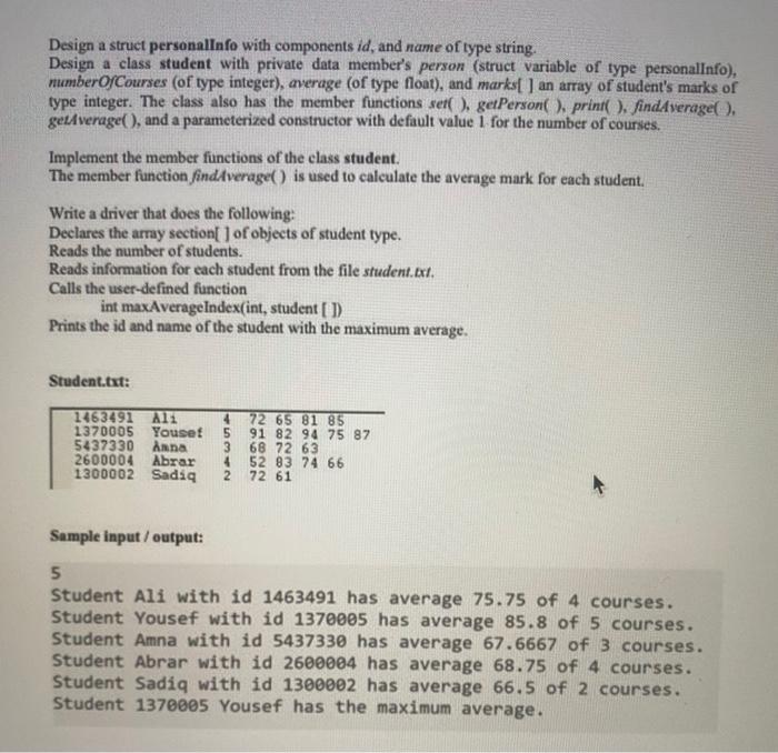 c++ Design a struct personalInfo with components id, and name of type