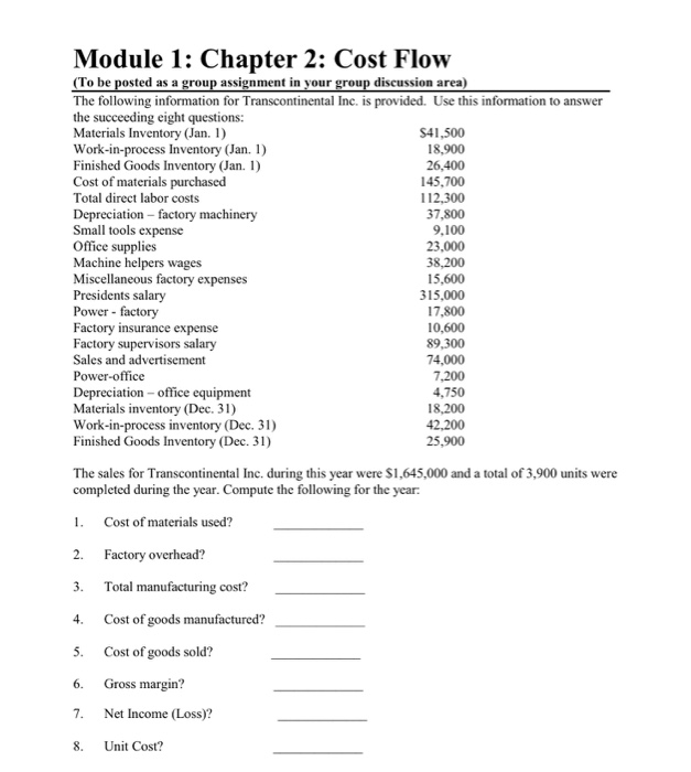  Module 1: Chapter 2: Cost Flow (To be posted as a