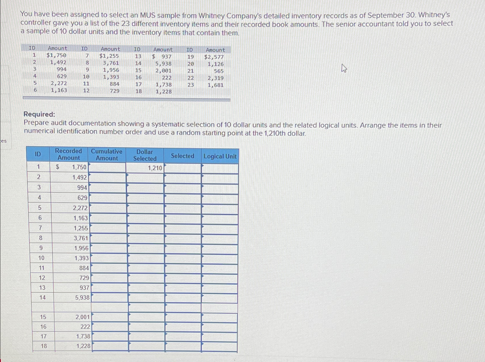  You have been assigned to select an MUS sample from Whitney