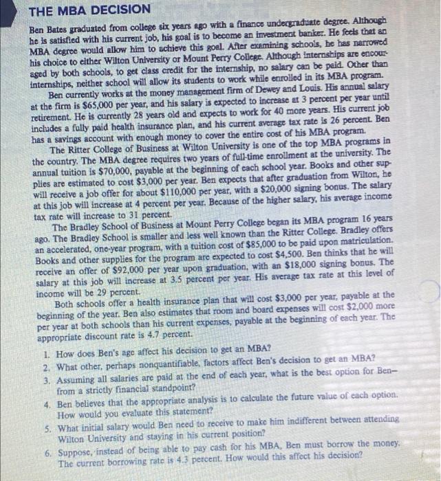 # Valuation and Capital Budgeting THE MBA DECISION Ben Bates graduated from