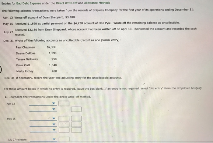  Entries for Bed Debt Expense under the Direct Write-Off and Allowance