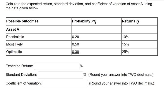  Calculate the expected return, standard deviation, and coefficient of variation of