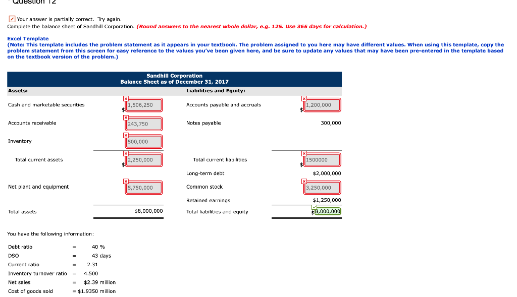 Your answer is partially correct. Try again. Complete the balance sheet