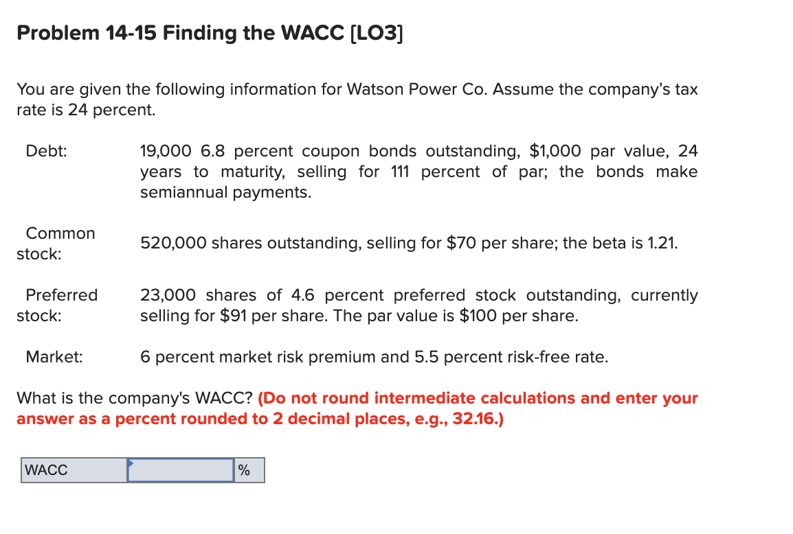  Problem 14-15 Finding the WACC (LO3] You are given the following
