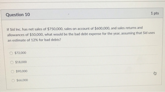 Question 10 1 pts If Sid Inc. has net sales of