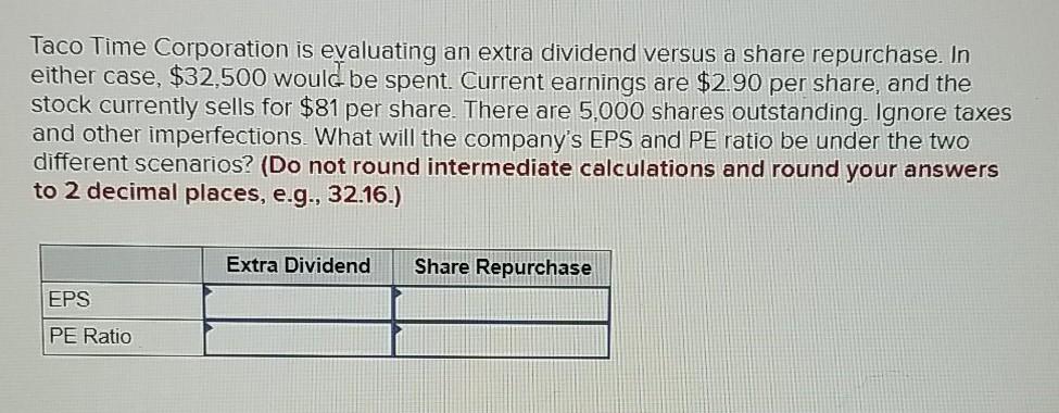  Taco Time Corporation is evaluating an extra dividend versus a share
