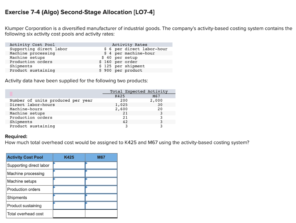 Exercise 7-4 (Algo) Second-Stage Allocation [LO7-4] Exercise 7-4 (Algo) Second-Stage Allocation (LO7-4]