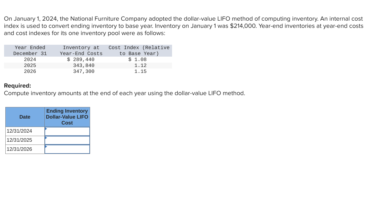  On January 1,2024, the National Furniture Company adopted the dollar-value LIFO