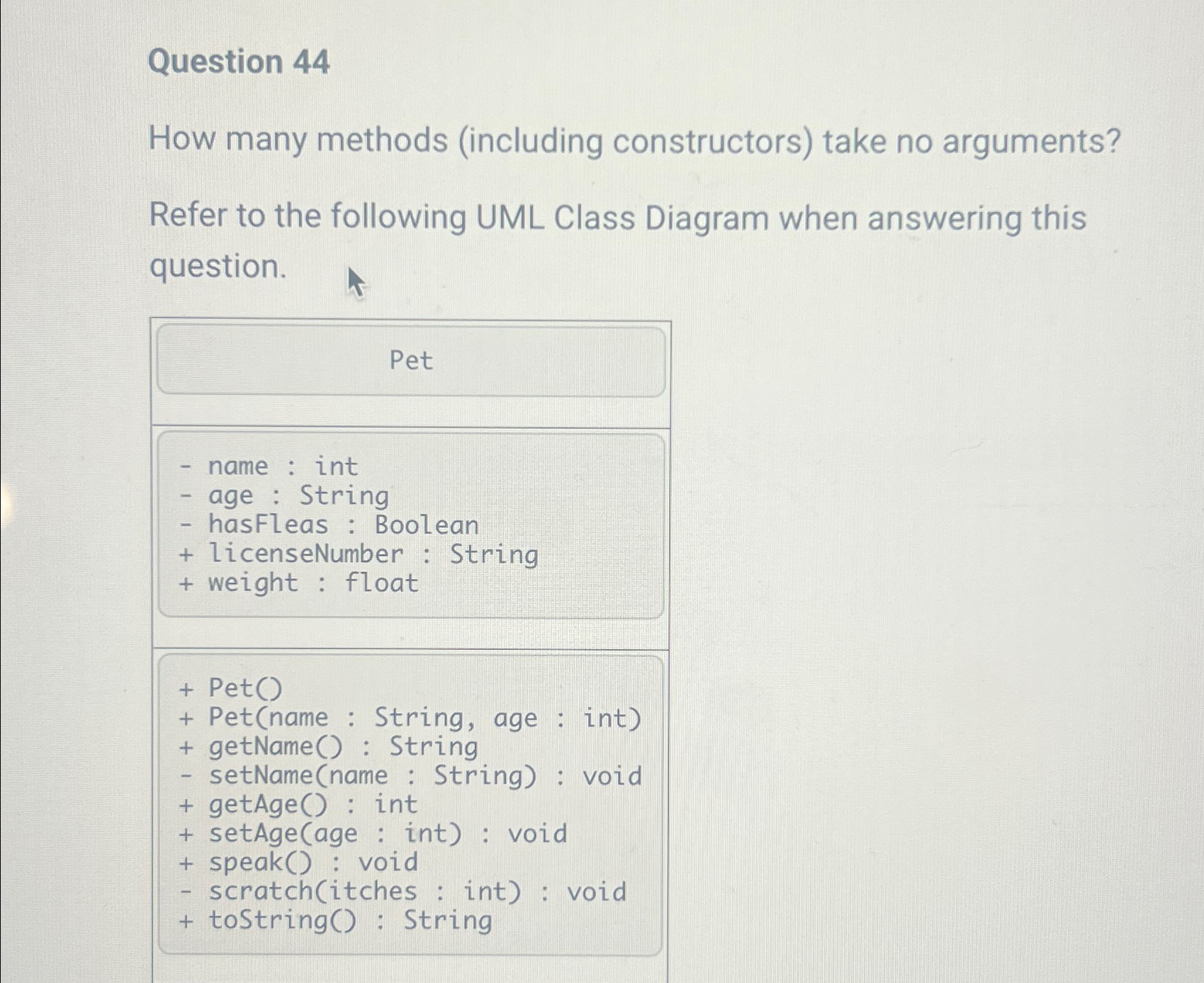  Question 44 How many methods (including constructors) take no arguments? Refer