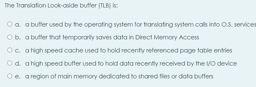  The Translation Look-aside buffer (TLB) is: a. a buffer used by