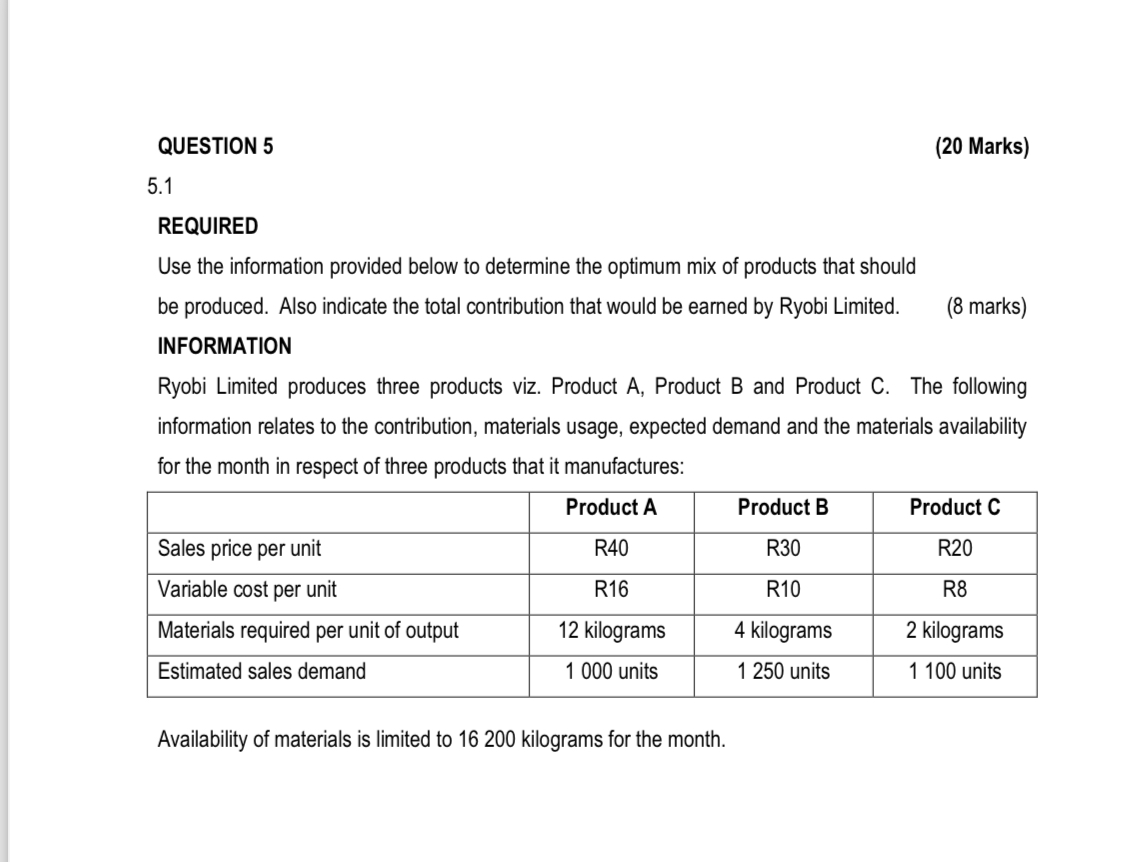  QUESTION 5 (20 Marks) 5.1 REQUIRED Use the information provided below