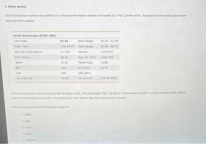  7. Stock quotes Smith Enterprises recently was profiled on a financial