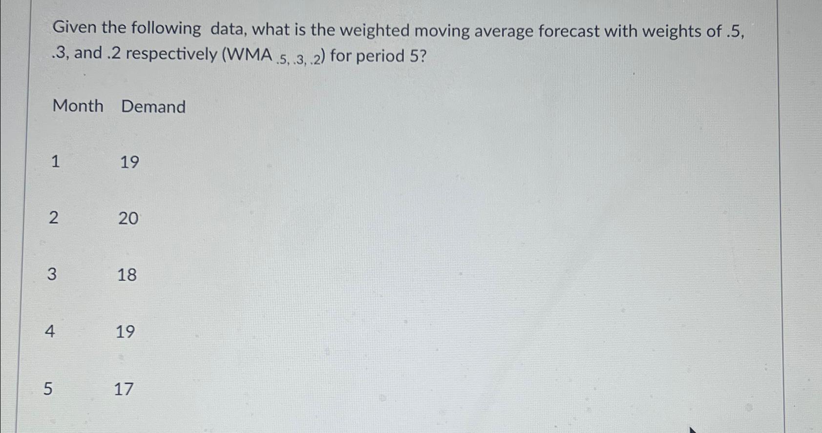  Given the following data, what is the weighted moving average forecast
