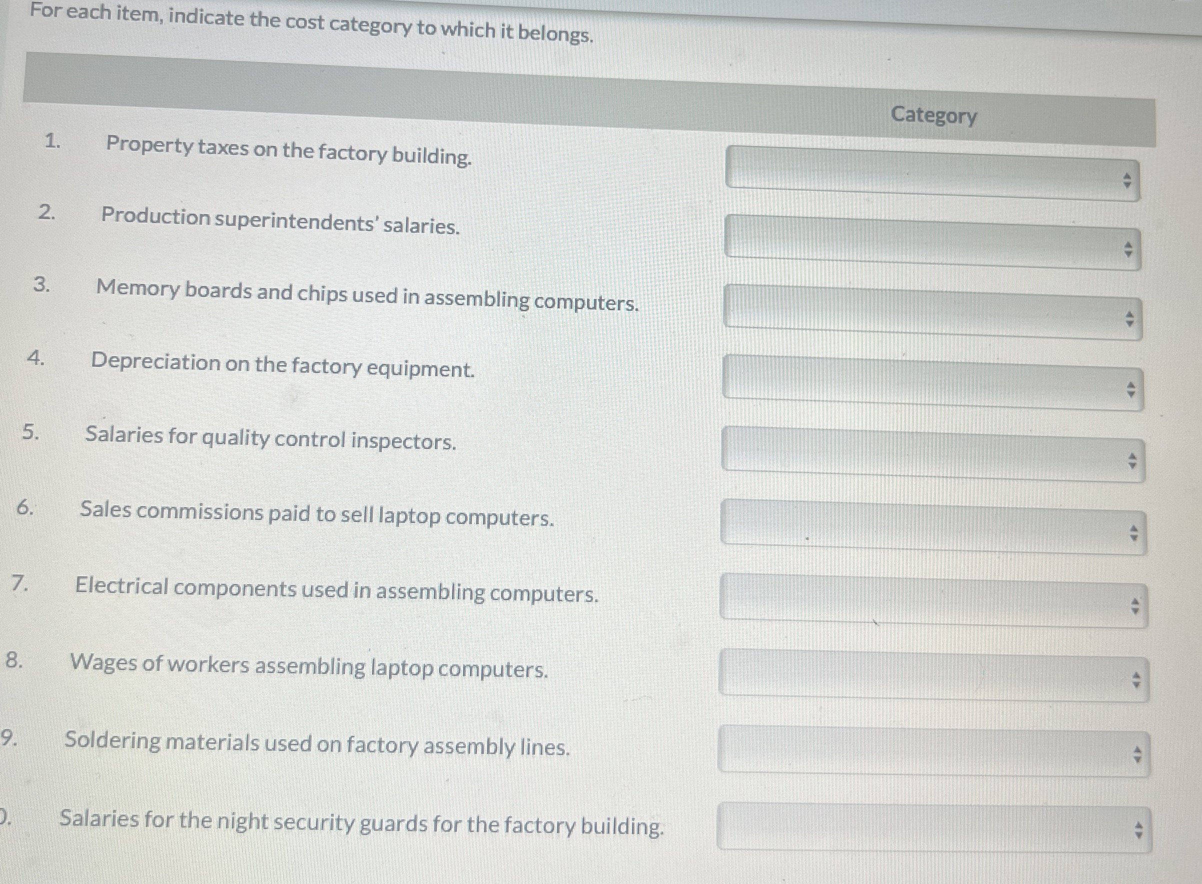  For each item, indicate the cost category to which it belongs.