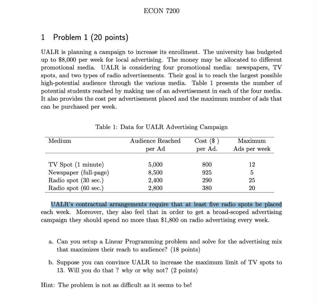 use excel pleasee 1- Identify the decision variables: UALR is considering