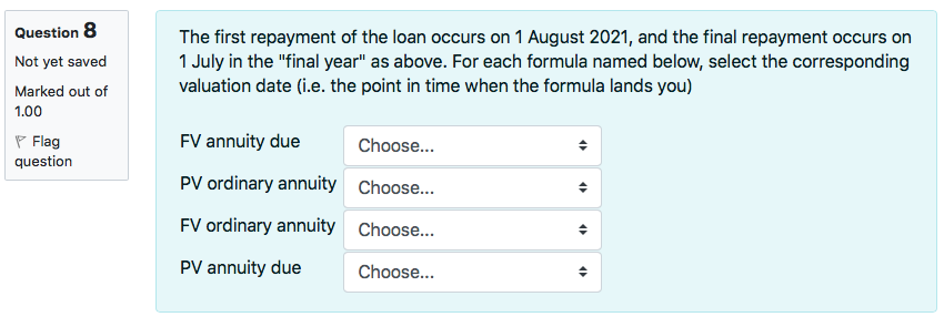 question 1. The options are: Question 8 Not yet saved Marked out