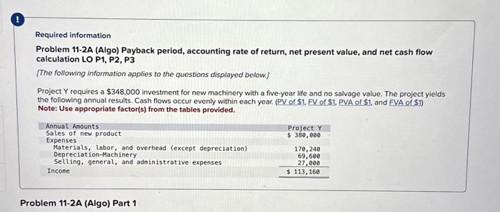question below Required information Problem 11-2A (Algo) Payback period, accounting rate of