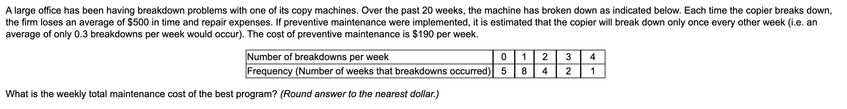  A large office has been having breakdown problems with one of