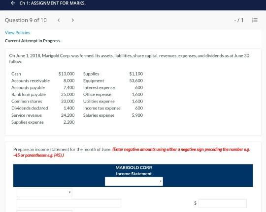 fill where. Ch 1: ASSIGNMENT FOR MARKS. Question 9 of 10 -/1