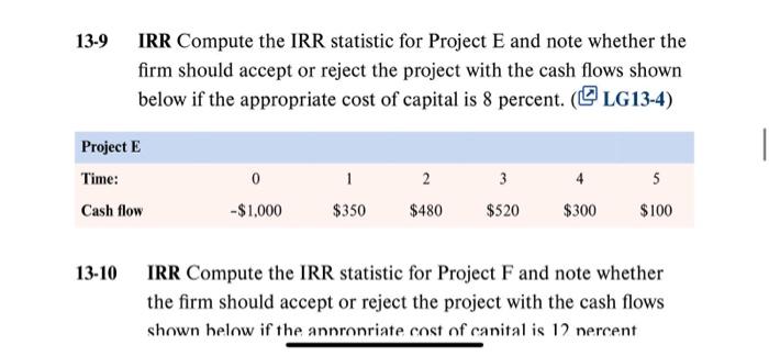  13-9 IRR Compute the IRR statistic for Project E and note