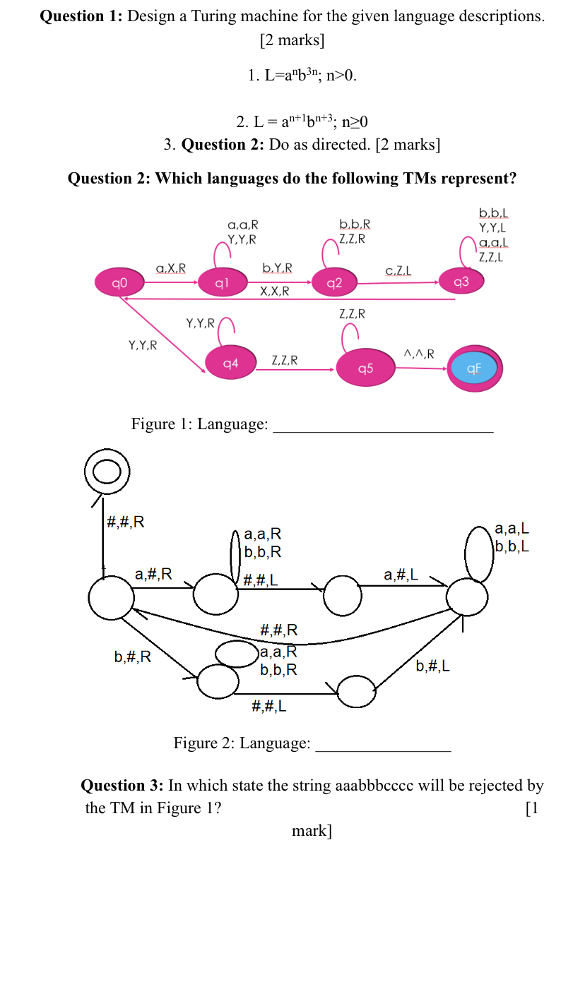  Question 1: Design a Turing machine for the given language descriptions.