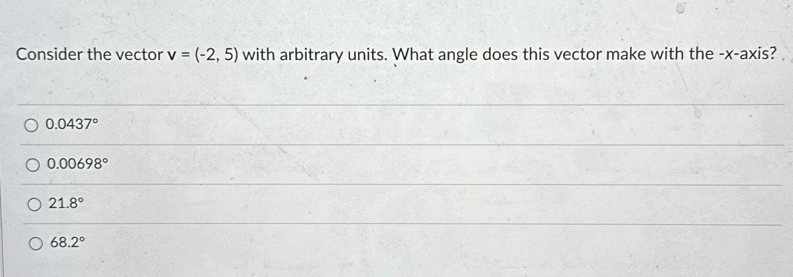  Consider the vector v=(-2,5) with arbitrary units. What angle does this