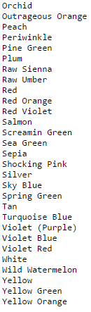 the files.The file Pre1990.txt contains data from Apricot to Yellow Orange. The