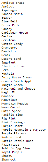Added.txt contains data from Antique Brass to Wisteria. Please also put screenshot