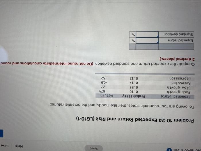  homeWork Se 1 Saved Help Save Problem 10-24 Expected Return and