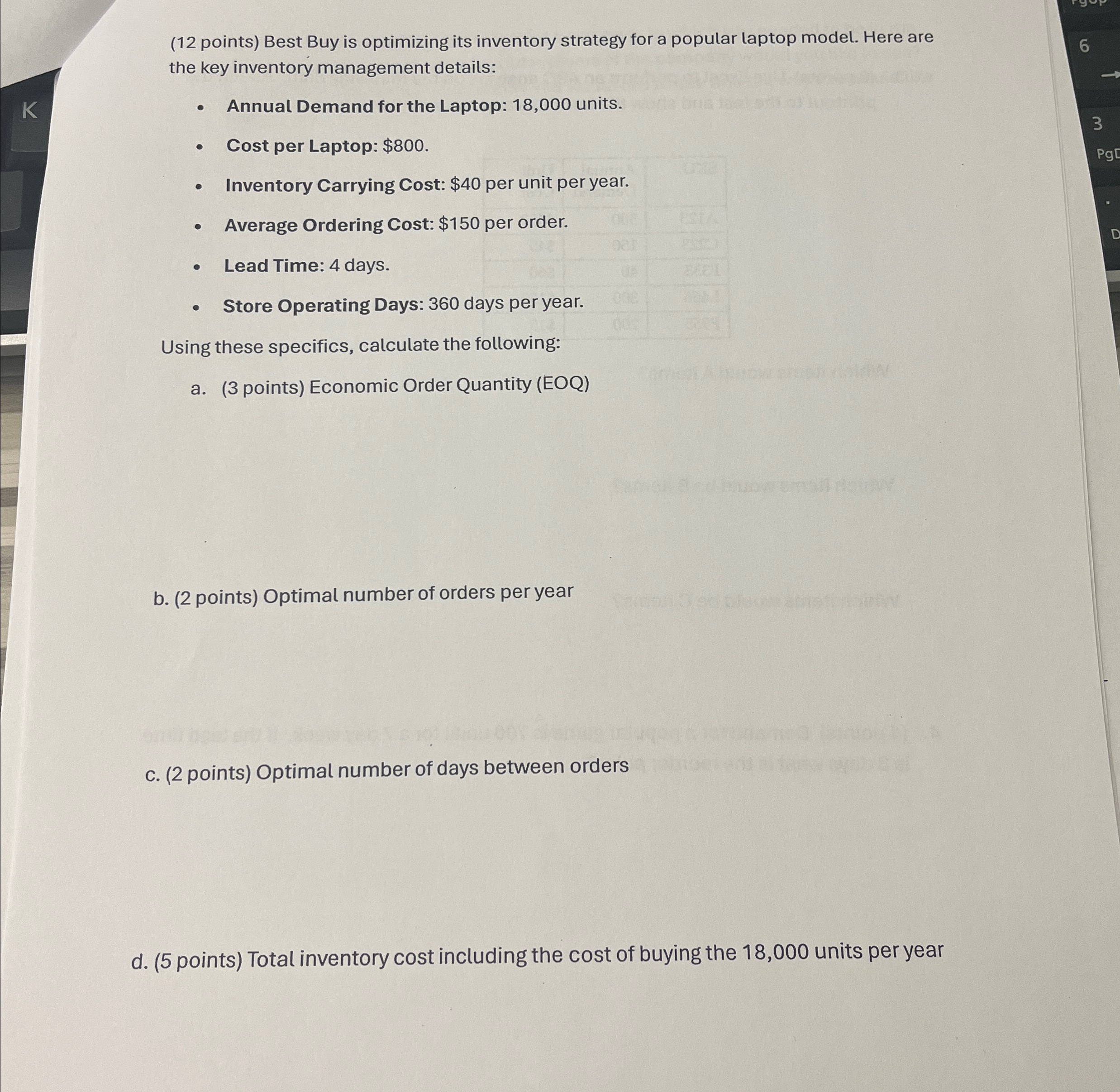  (12 points) Best Buy is optimizing its inventory strategy for a