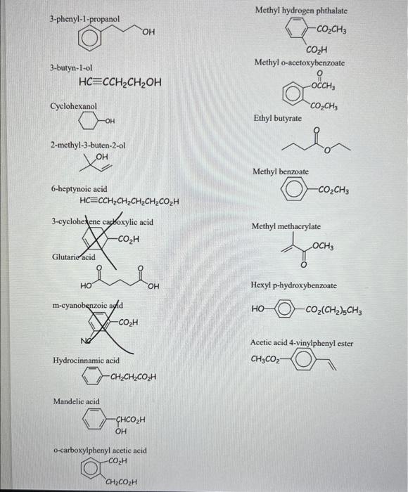 5: 3-phenyl-1-propanol Methyl hydrogen phthalate 3-butyn-1-ol Methyl o-acetoxybenzoate HCCCH2CH2OH Cyclohexanol Ethyl butyrate