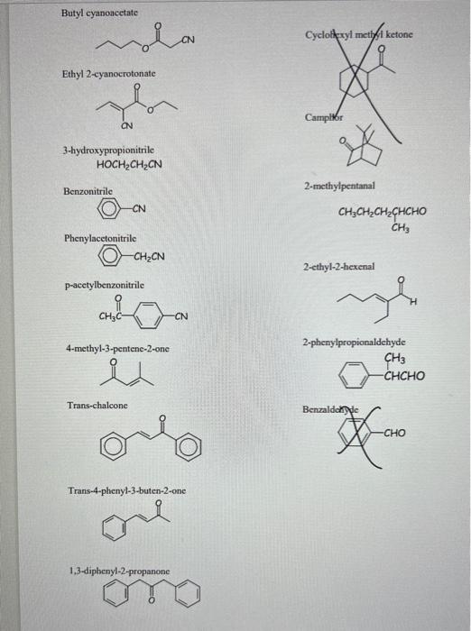2-methyl-3-buten-2-ol Methyl benzoate 6-heptynoic acid HCCCH2CH2CH2CH2CO2H 3-cyclohetene capboxylic acid Methyl methacrylate Hexyl