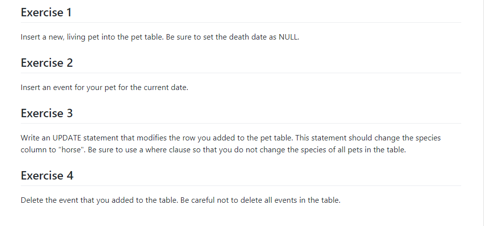 DATABASE IF NOT EXISTS menagerie; 2 use menagerie; 4drop the pet table