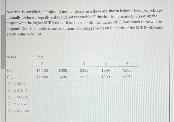 need help please Nast Inc. is considering Projects and L, whose cash