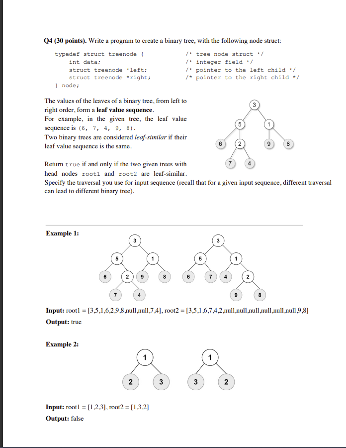  Q4 (30 points). Write a program to create a binary tree,
