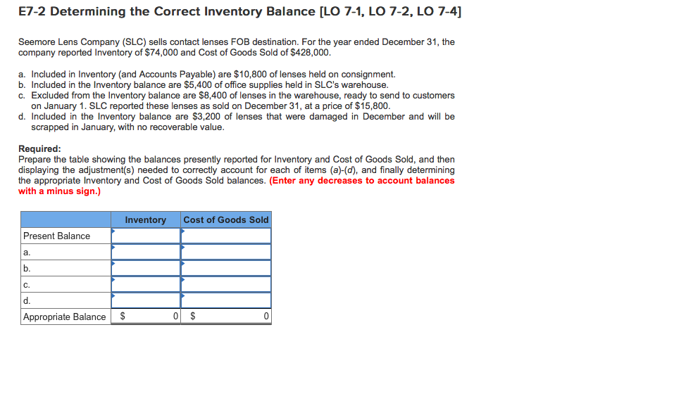 E7-2 Determining the Correct Inventory Balance [LO 7-1, LO 7-2, LO
