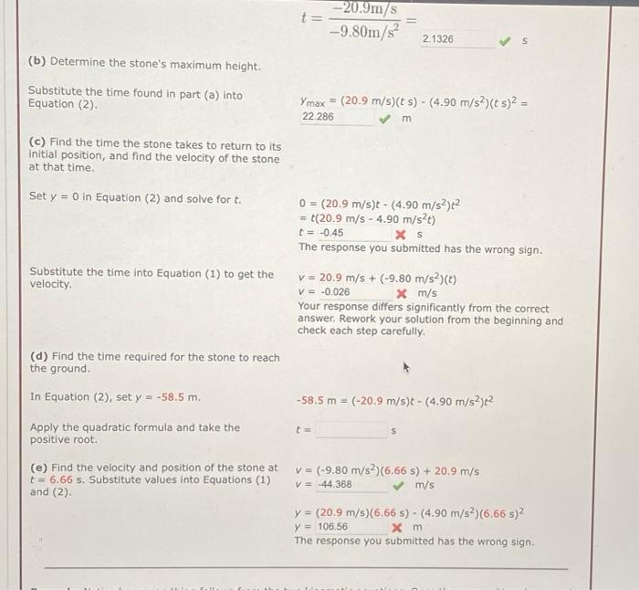 help pleaseeeanswer c,d,and e t=9.80m/s220.9m/s= s (b) Determine the stone's maximum height.