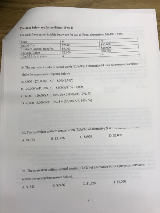  The data below are for problems 19 to 21 The cash