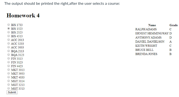 program to allow the user to select a course from the database,