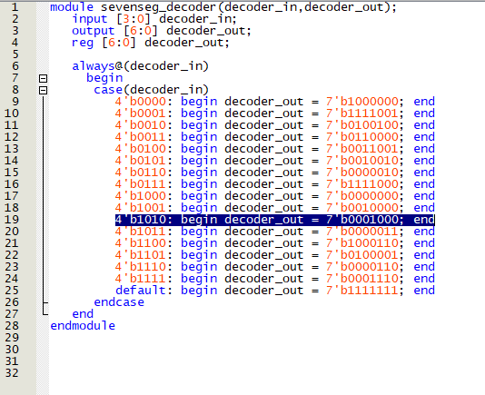 The code below is for a seven segment display that is working