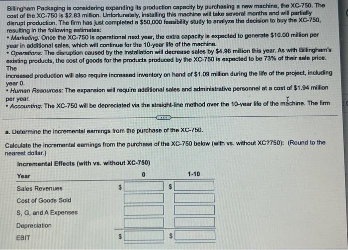  Billingham Packaging is considering expanding its production capacity by purchasing a