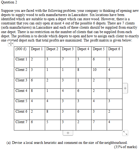  Question 2 Suppose you are faced with the following problem: your